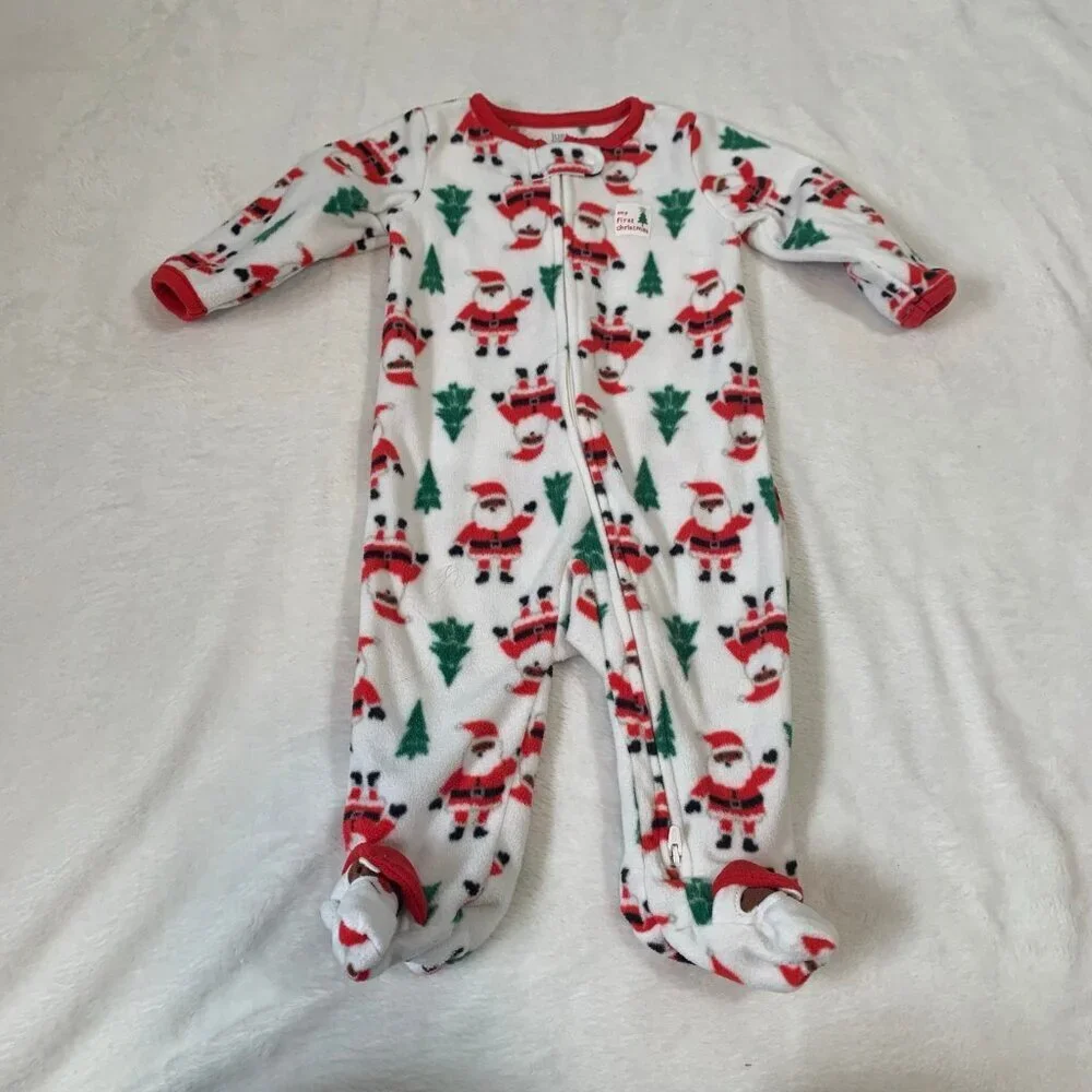 5/$25 Carter's Footed Sleeper Baby 6M‎ White Santa First Christmas Fleece